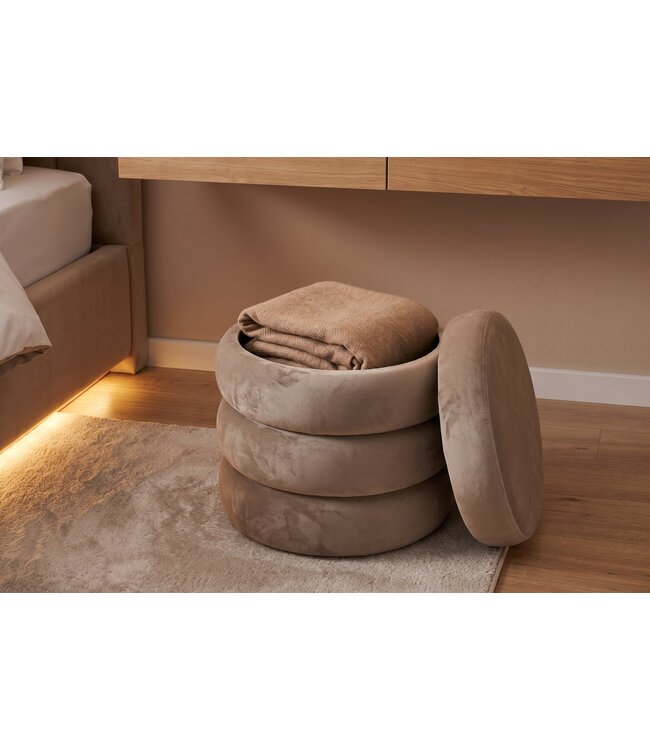 Invicta Interior Kruk VOGUE 40cm rond bekleed met opbergruimte velours champagne greige