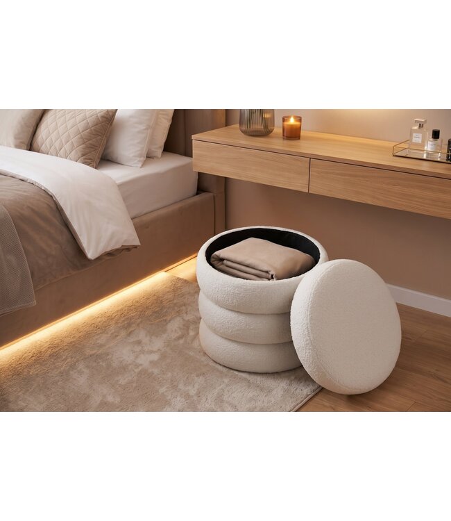 Invicta Interior Kruk VOGUE 40cm rond bekleed met opbergruimte bouclé wit