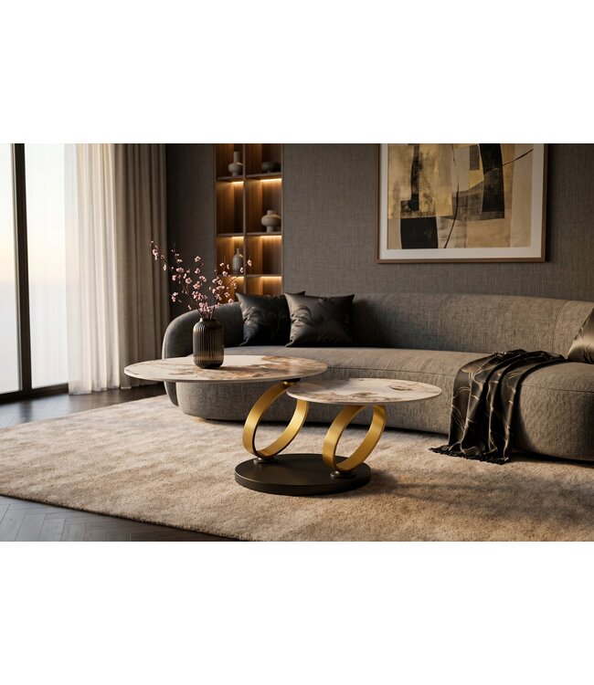 Invicta Interior Coffee table DANCING RINGS 80-135cm round rotatable pandora ceramic matte gold rings