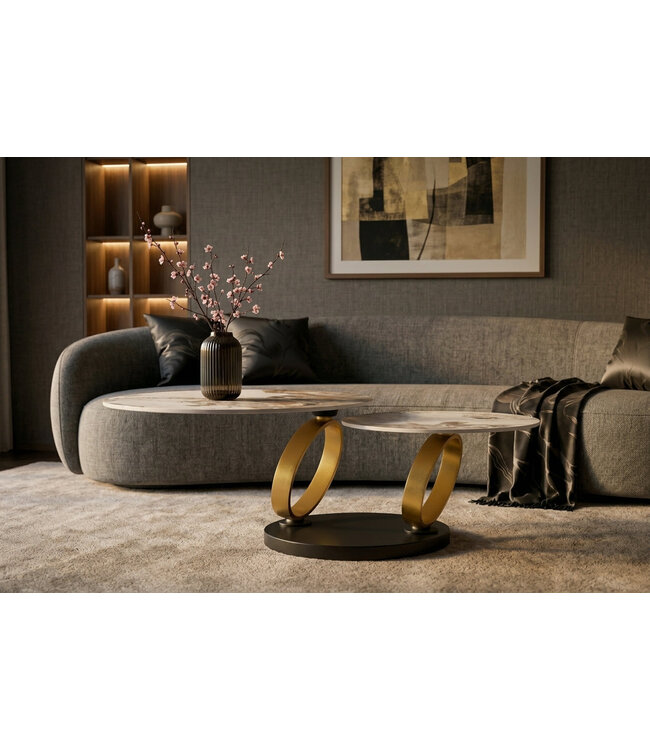 Invicta Interior Coffee table DANCING RINGS 80-135cm round rotatable pandora ceramic matte gold rings
