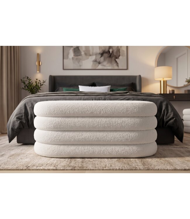 Invicta Interior Bankje VOGUE 85cm ovaal bekleed met opbergruimte bouclé wit