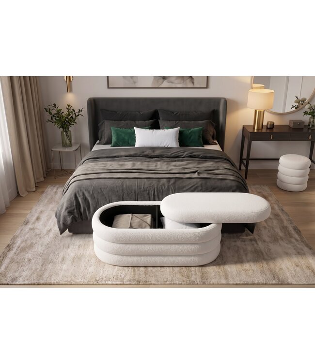 Invicta Interior Bankje VOGUE 85cm ovaal bekleed met opbergruimte bouclé wit