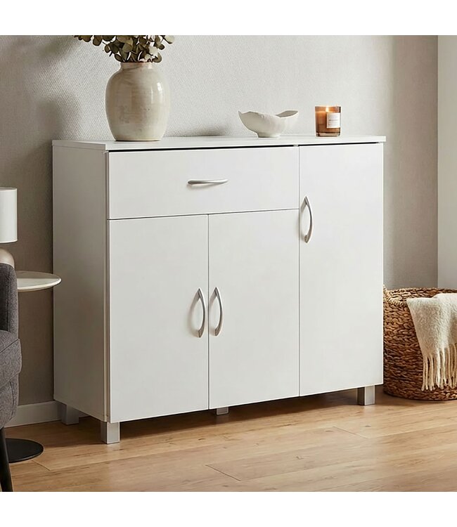 Wohnling dressoir JARRY mat wit lade 1 en 3 Doors 90 x 75 x 30 cm | Ontwerp commode | Pantry-vloer kast met handvatten