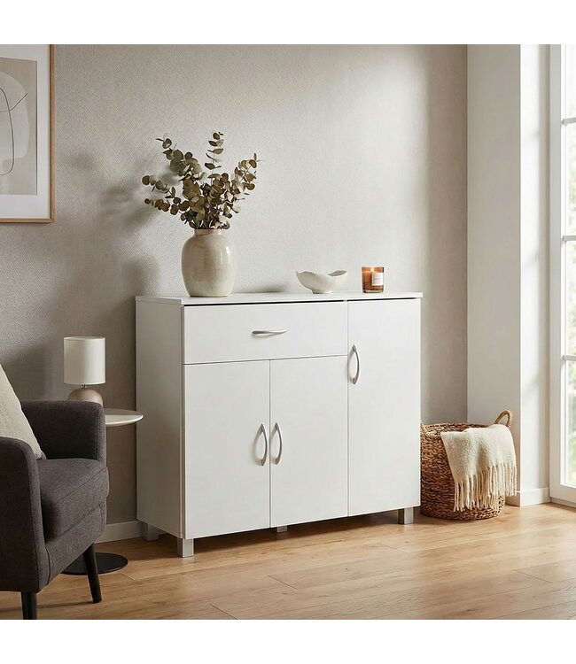 Wohnling dressoir JARRY mat wit lade 1 en 3 Doors 90 x 75 x 30 cm | Ontwerp commode | Pantry-vloer kast met handvatten