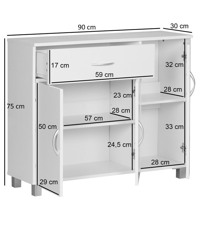 Wohnling dressoir JARRY mat wit lade 1 en 3 Doors 90 x 75 x 30 cm | Ontwerp commode | Pantry-vloer kast met handvatten