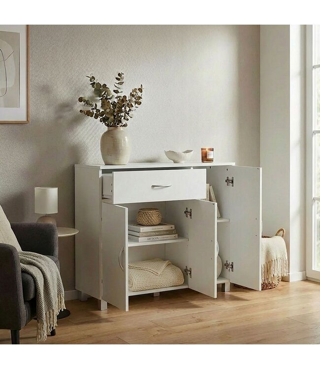 Wohnling dressoir JARRY mat wit lade 1 en 3 Doors 90 x 75 x 30 cm | Ontwerp commode | Pantry-vloer kast met handvatten