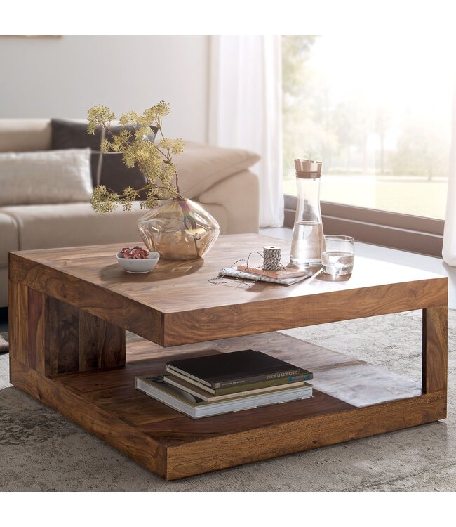 Wohnling salontafel massief hout Sheesham 90cm Ontwerp salontafel donkerbruine landelijke stijl tafel