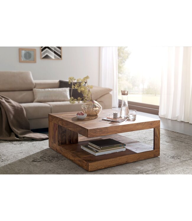 Wohnling salontafel massief hout Sheesham 90cm Ontwerp salontafel donkerbruine landelijke stijl tafel