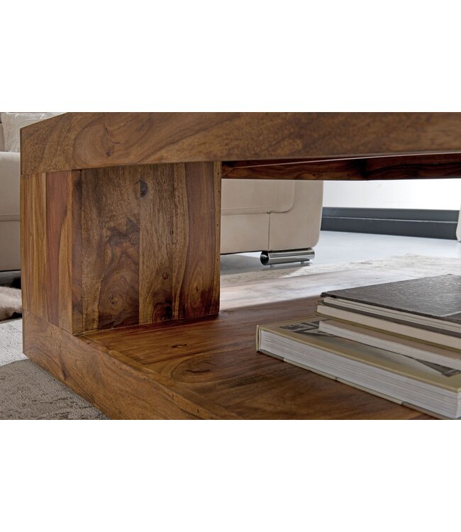 Wohnling salontafel massief hout Sheesham 90cm Ontwerp salontafel donkerbruine landelijke stijl tafel