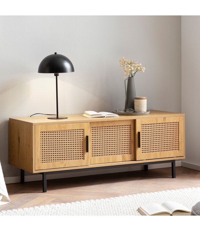 Wohnling Lowboard eiken decor met Weens vlechtwerk 120x45,5x40 cm TV-meubel tijdloos met schuifdeuren, design TV-kast hoog, TV-tafel TV-kast, TV-kast woonkamer rotan