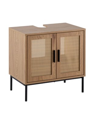 Wohnling wastafelonderkast eiken look 60x60x40 cm met deuren, badkamerkast met rotanweefsel, staande onderkast, badkamerkast midikast kleine wastafel