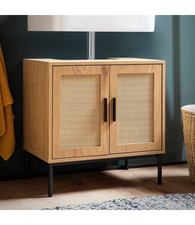 Wohnling wastafelonderkast eiken look 60x60x40 cm met deuren, badkamerkast met rotanweefsel, staande onderkast, badkamerkast midikast kleine wastafel
