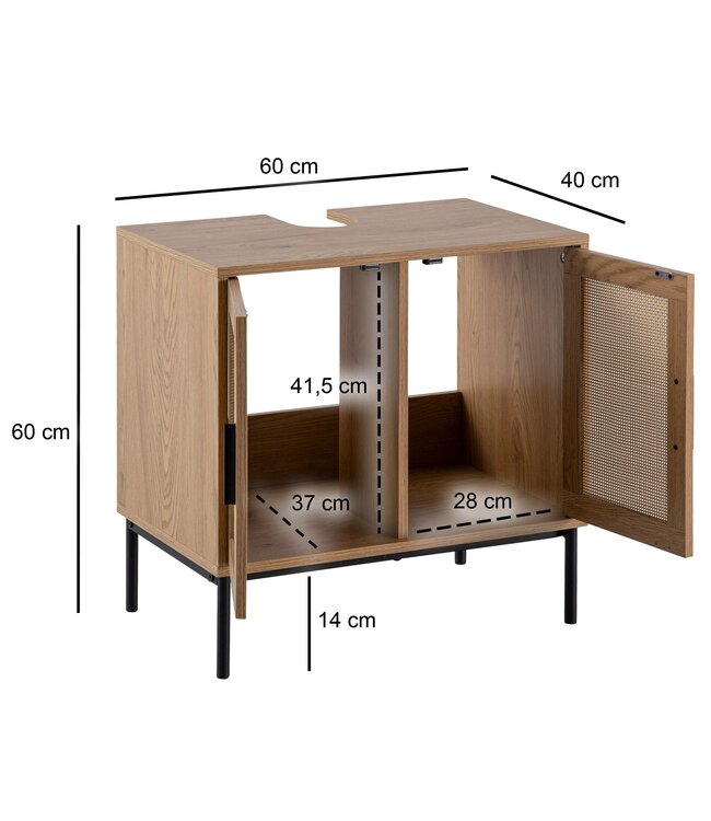 Wohnling wastafelonderkast eiken look 60x60x40 cm met deuren, badkamerkast met rotanweefsel, staande onderkast, badkamerkast midikast kleine wastafel