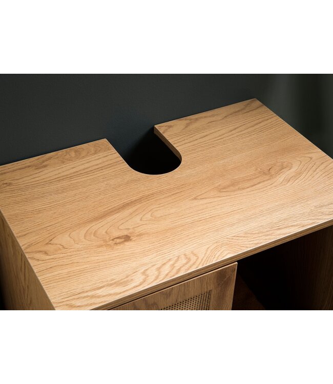 Wohnling wastafelonderkast eiken look 60x60x40 cm met deuren, badkamerkast met rotanweefsel, staande onderkast, badkamerkast midikast kleine wastafel