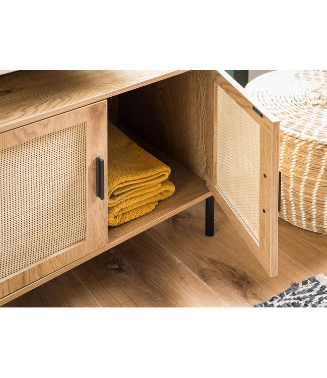 Wohnling wastafelonderkast eiken look 60x60x40 cm met deuren, badkamerkast met rotanweefsel, staande onderkast, badkamerkast midikast kleine wastafel