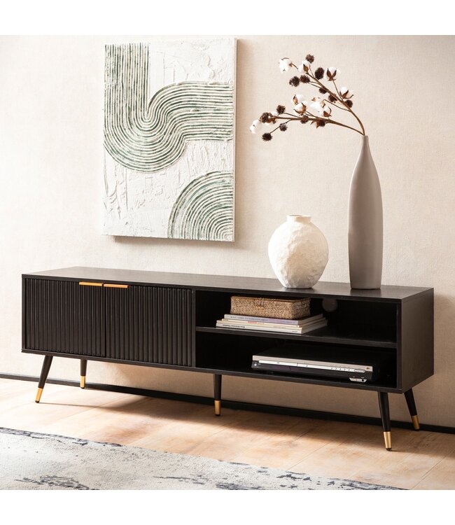 Wohnling Lowboard zwart met eiken decor 150x51x39 cm tv-kast modern, design tv-kast hoog, tv-tafel tv-kast met deuren en opbergvakken, tv-kast woonkamer