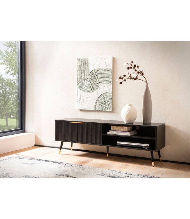 Wohnling Lowboard zwart met eiken decor 150x51x39 cm tv-kast modern, design tv-kast hoog, tv-tafel tv-kast met deuren en opbergvakken, tv-kast woonkamer