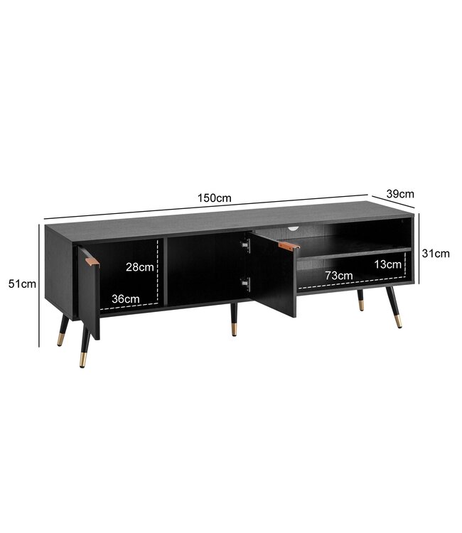 Wohnling Lowboard zwart met eiken decor 150x51x39 cm tv-kast modern, design tv-kast hoog, tv-tafel tv-kast met deuren en opbergvakken, tv-kast woonkamer