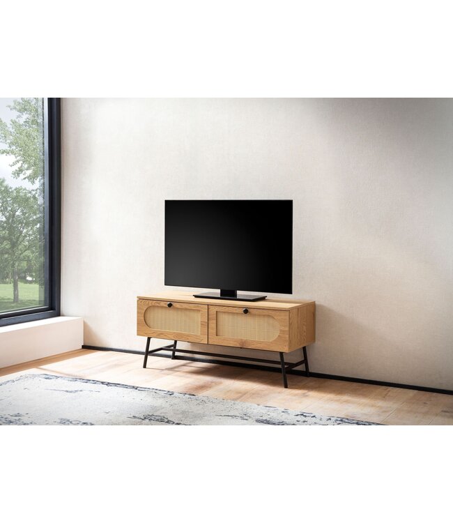 Wohnling Lowboard 100x45x40 cm TV-kast met eiken decor & rotan, design TV-kast hoog met laden, TV-tafel TV-kast, TV-kast woonkamer