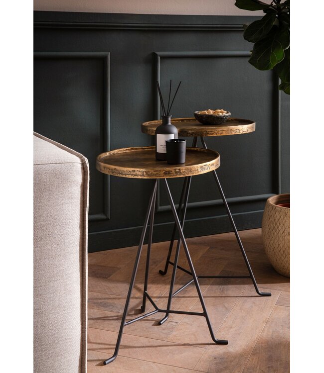 Wohnling bijzettafel set van 2 metaal goud/zwart design set tafels rond, woonkamer tafel bijzettafel modern, salontafel decoratieve tafel 2-delig, bloementafel woonkamer