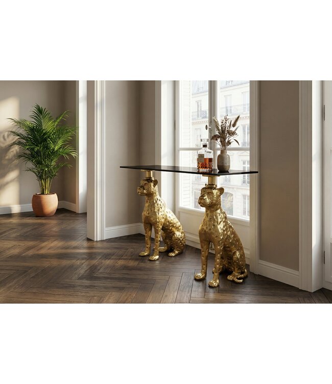 Invicta Interior Sidetable PANTHER 105cm goudkleurig metaal met marmeren blad - 45029
