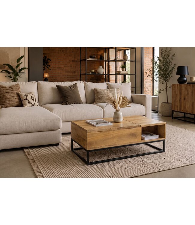 Invicta Interior Salontafel MAKASSAR FUNCTION 110cm hoogte verstelbaar mangohout natuurlijk crème met opbergvak - 48105