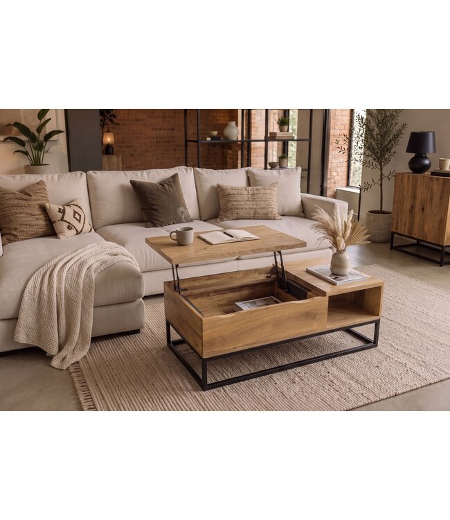 Invicta Interior Salontafel MAKASSAR FUNCTION 110cm hoogte verstelbaar mangohout natuurlijk crème met opbergvak - 48105