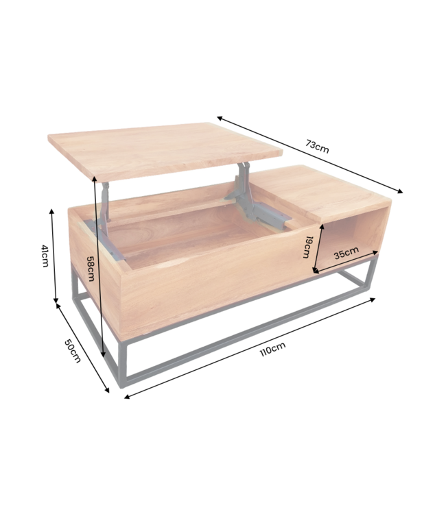 Invicta Interior Salontafel MAKASSAR FUNCTION 110cm hoogte verstelbaar mangohout natuurlijk crème met opbergvak - 48105