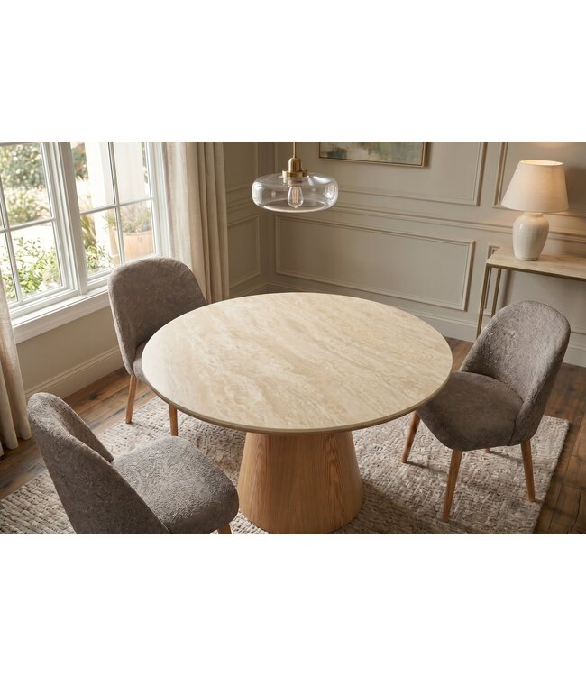 Invicta Interior Eettafel UNIQUE 120cm rond eikenhout fineer met keramisch blad travertijn steen - 48523