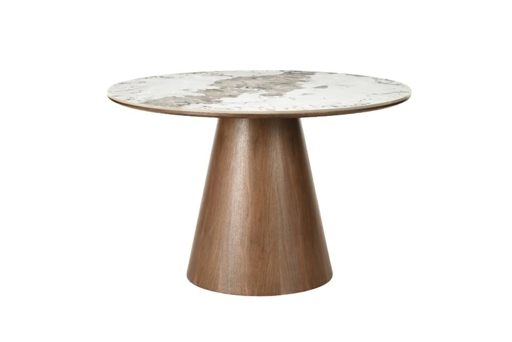 Eettafel UNIQUE 120cm rond eikenhout furneer met Pandora keramisch blad wit marmer - 48524