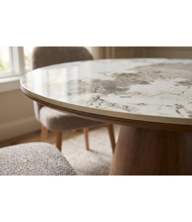 Invicta Interior Eettafel UNIQUE 120cm rond eikenhout furneer met Pandora keramisch blad wit marmer - 48524
