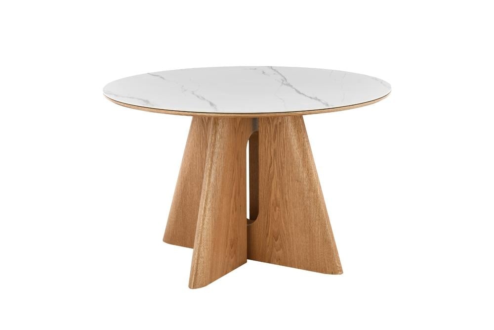 Eettafel ORGANIKO 120cm rond wit marmer keramisch blad met eikenhout look onderstel - 48552