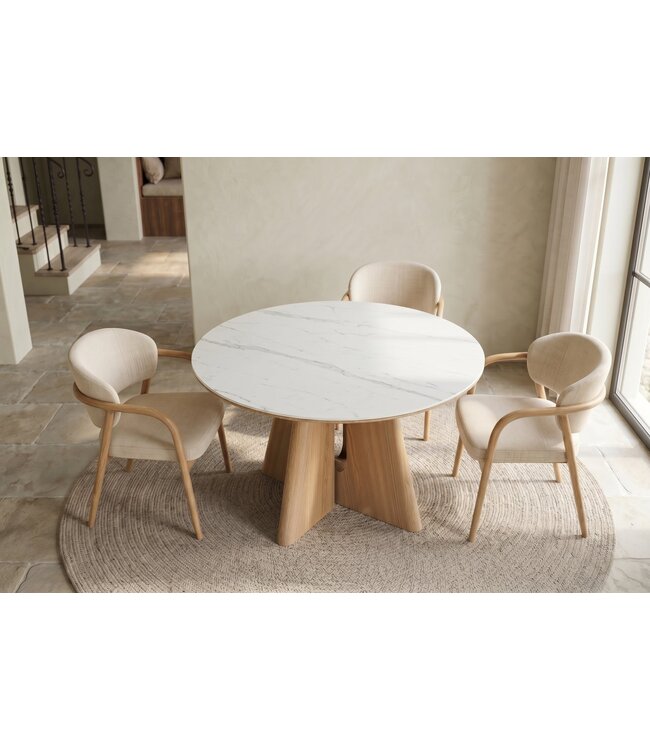 Invicta Interior Eettafel ORGANIKO 120cm rond wit marmer keramisch blad met eikenhout look onderstel - 48552