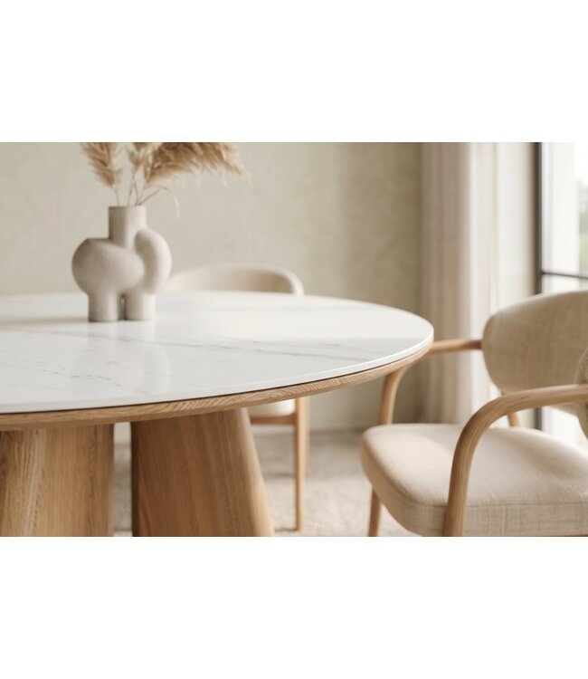 Invicta Interior Eettafel ORGANIKO 120cm rond wit marmer keramisch blad met eikenhout look onderstel - 48552
