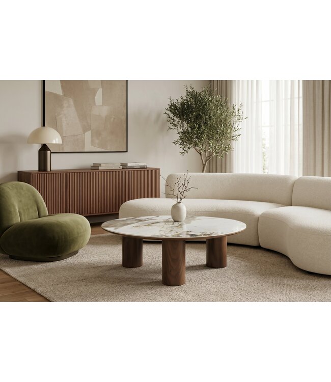 Invicta Interior Salontafel ORGANIKO 110cm wit bruin keramiek look met walnoten houten frame - 48555