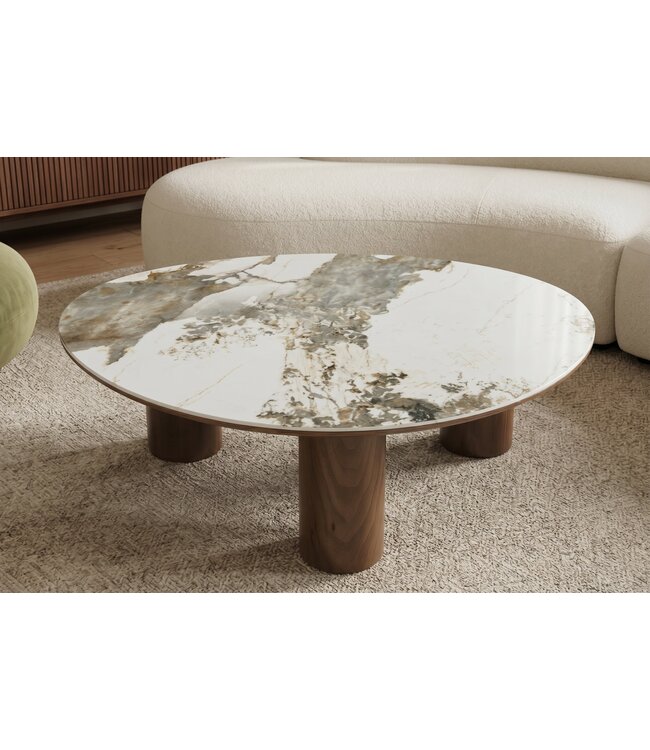 Invicta Interior Salontafel ORGANIKO 110cm wit bruin keramiek look met walnoten houten frame - 48555
