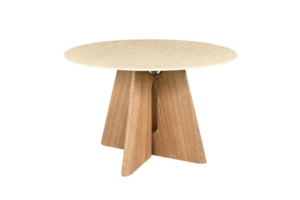 Eettafel ORGANIKO 120cm rond natuursteen travertijn blad met eiken houtlook frame - 48557