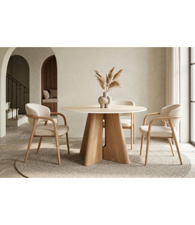 Invicta Interior Eettafel ORGANIKO 120cm rond natuursteen travertijn blad met eiken houtlook frame - 48557