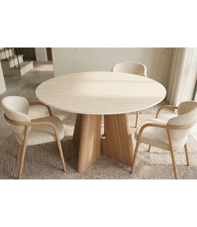 Invicta Interior Eettafel ORGANIKO 120cm rond natuursteen travertijn blad met eiken houtlook frame - 48557