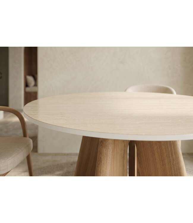 Invicta Interior Eettafel ORGANIKO 120cm rond natuursteen travertijn blad met eiken houtlook frame - 48557