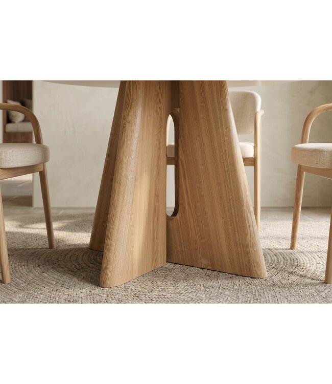 Invicta Interior Eettafel ORGANIKO 120cm rond natuursteen travertijn blad met eiken houtlook frame - 48557