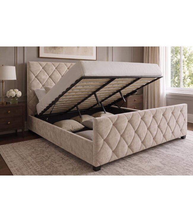 Invicta Interior Bed ELYSIUM 160x200cm met opbergruimte fluweel champagne beige - 48883