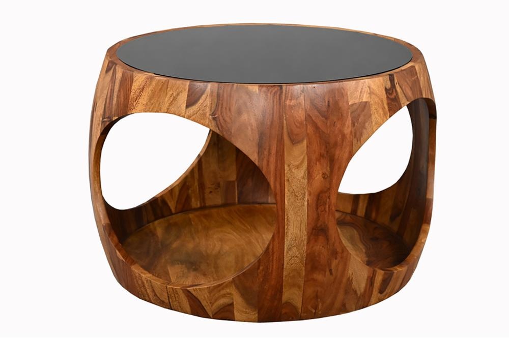 Salontafel ORGANIC LOOP 60cm rond met opbergruimte zwart rookglas sheesham hout bruin - 48937