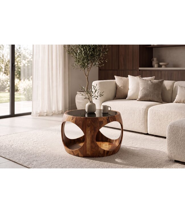 Invicta Interior Salontafel ORGANIC LOOP 60cm rond met opbergruimte zwart rookglas sheesham hout bruin - 48937