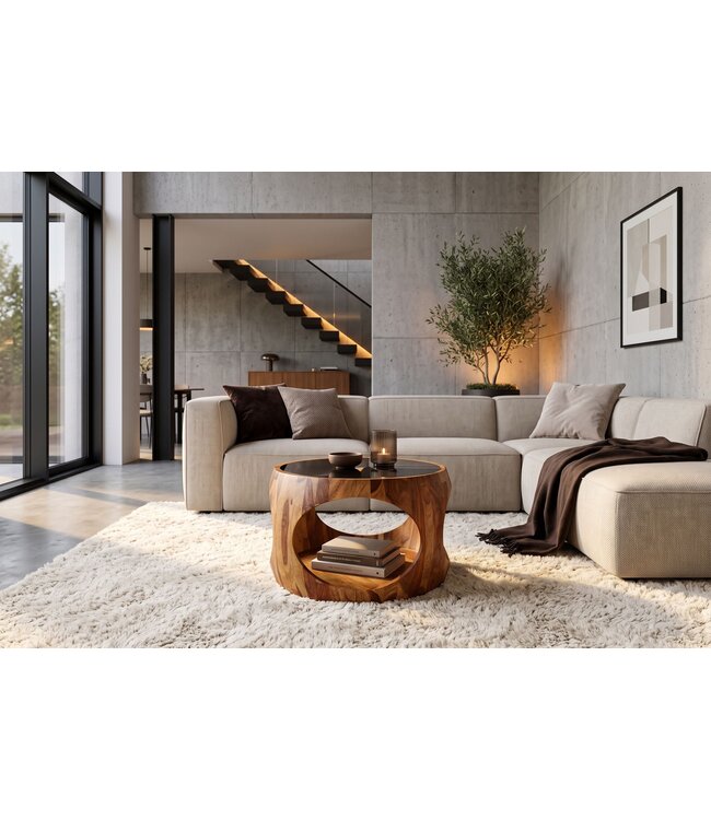 Invicta Interior Salontafel ORGANIC LOOP 60cm rond met opbergruimte zwart rookglas sheesham hout bruin - 48937