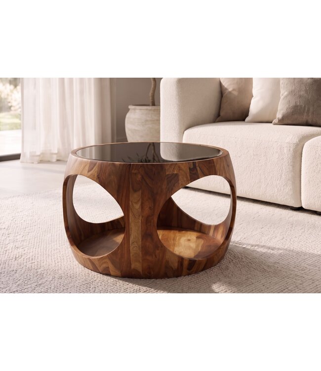 Invicta Interior Salontafel ORGANIC LOOP 60cm rond met opbergruimte zwart rookglas sheesham hout bruin - 48937