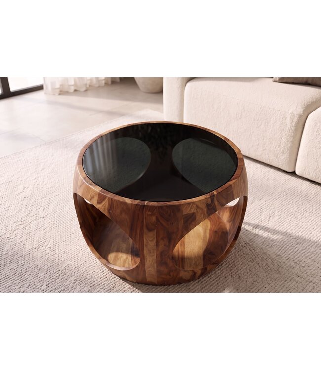 Invicta Interior Salontafel ORGANIC LOOP 60cm rond met opbergruimte zwart rookglas sheesham hout bruin - 48937