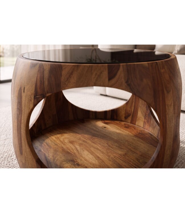Invicta Interior Salontafel ORGANIC LOOP 60cm rond met opbergruimte zwart rookglas sheesham hout bruin - 48937
