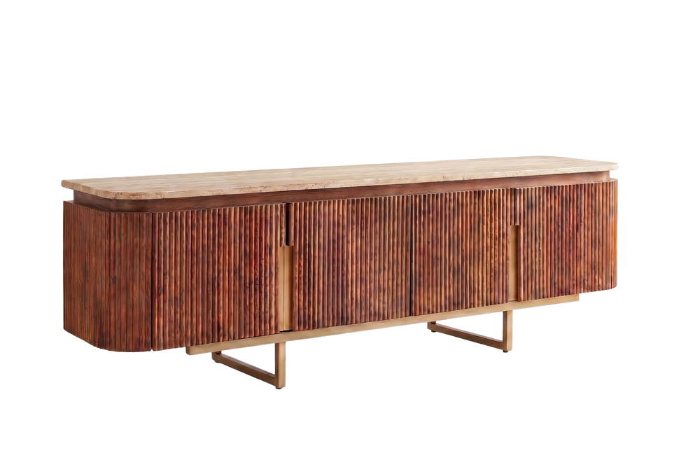 TV-Meubel GATSBY 160cm retro stijl mangohout travertijn blad bruin goud - 49282
