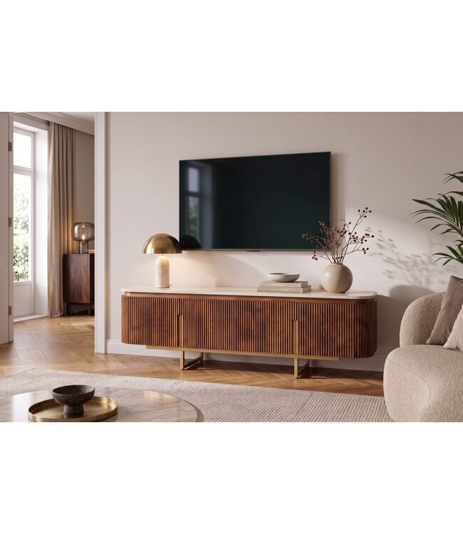 Invicta Interior TV-Meubel GATSBY 160cm retro stijl mangohout travertijn blad bruin goud - 49282